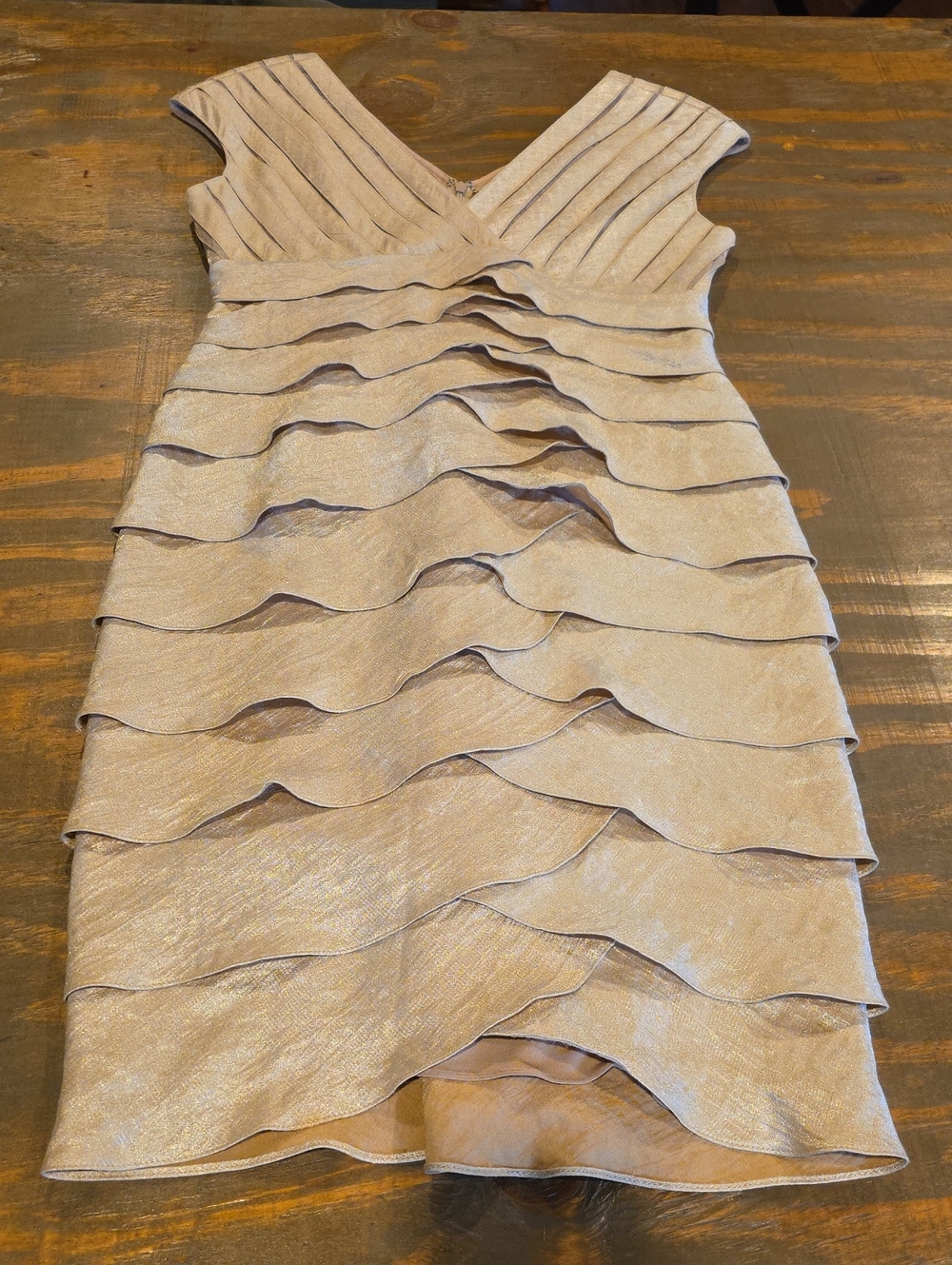 Adrianna Papell Champagne Shimmery Tiered V-Neck Midi Dress